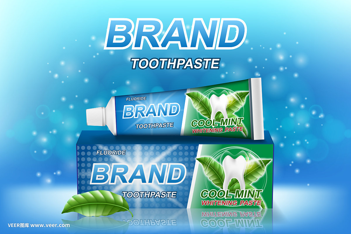 薄荷牙膏廣告。牙齒模型和產品包裝設計的牙科保健海報或廣告。3 d矢量圖